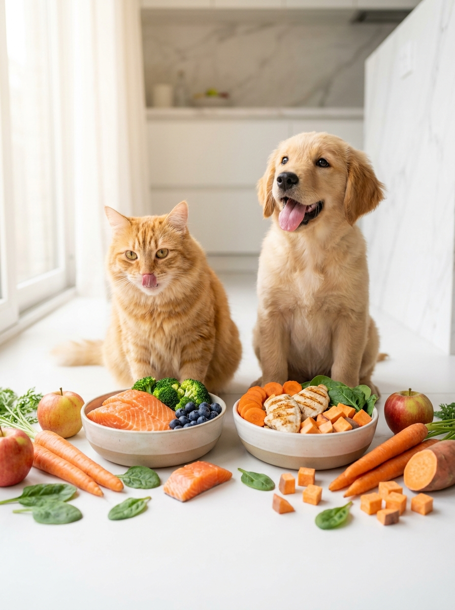 Cão e gato ao lado de alimentos saudáveis e itens de cozinha